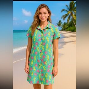 Vtg Key West Womens Dress Pink Green Seahorses A-Line Empire Waist Coastal M